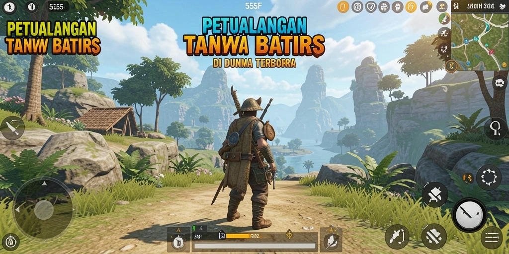 Screenshot utama 555F menunjukkan karakter menjelajahi dunia terbuka yang luas.