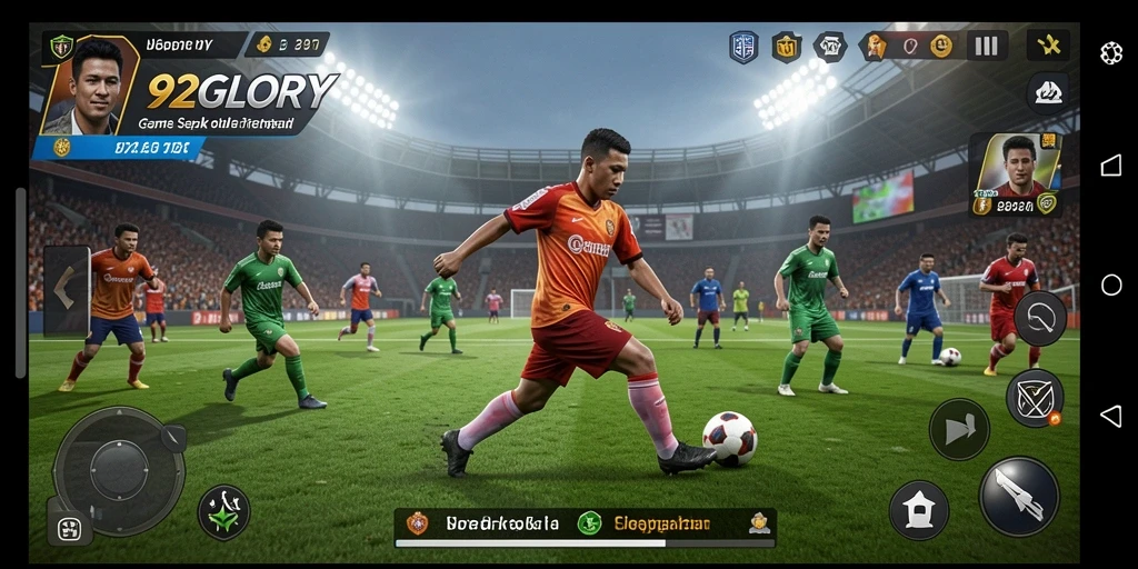 Screenshot gameplay <strong>92GLORY</strong> menampilkan aksi penuh intensitas di lapangan sepak bola.