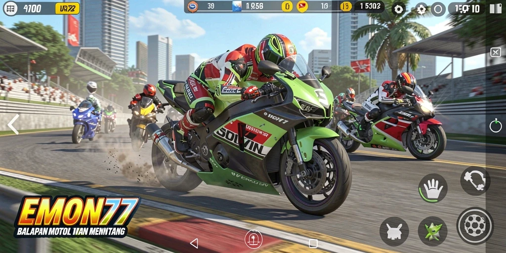 Screenshot gameplay EMON77 menampilkan balapan motor yang mendebarkan.
