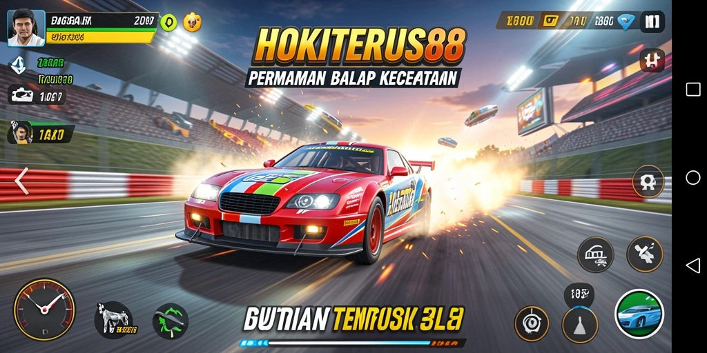 Gameplay HOKITERUS88 yang mendebarkan dengan balapan yang seru dan mobil kustomisasi.