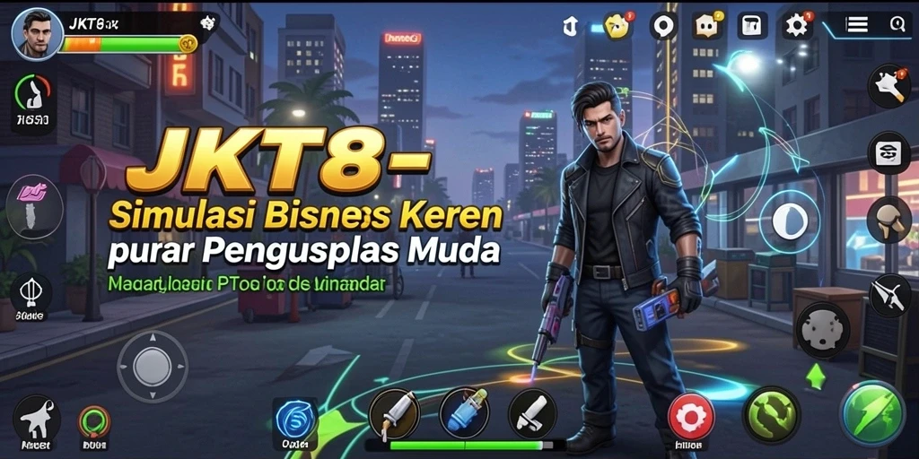 Tangkapan layar JKT8 menampilkan gameplay seru membangun kerajaan bisnis.