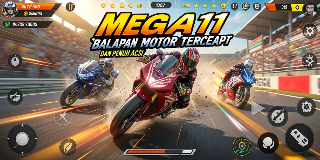 Screenshot gameplay MEGA111 yang menunjukkan balapan motor yang intens.