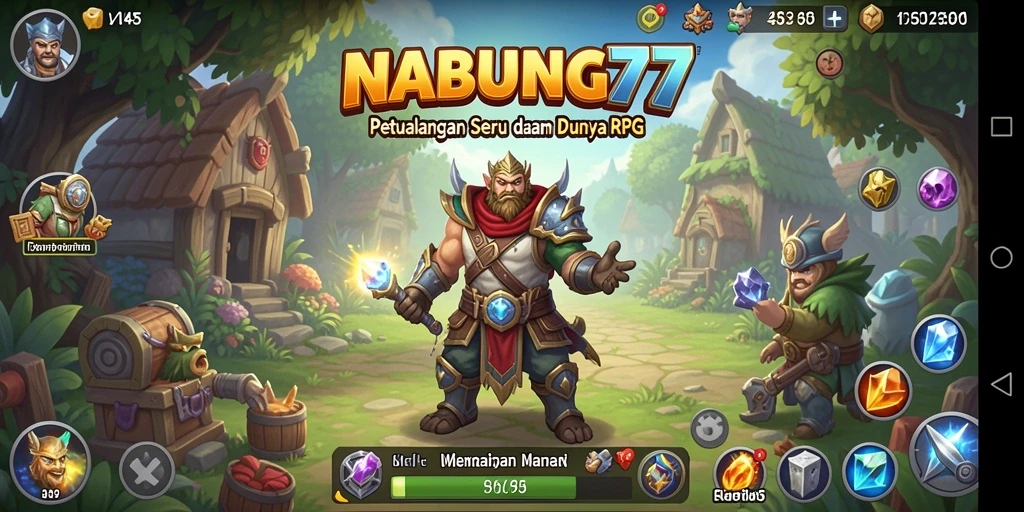 Screenshot gameplay NABUNG77 yang menunjukkan pertempuran epic di dunia RPG.