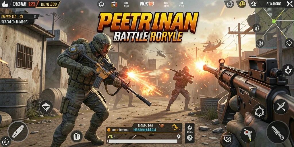 Screenshot dari gameplay NOX123 yang mendebarkan di arena Battle Royale.