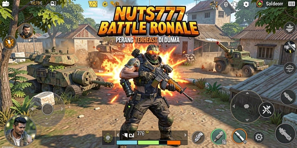 Gameplay NUTS777 menampilkan pertarungan seru di arena Battle Royale.