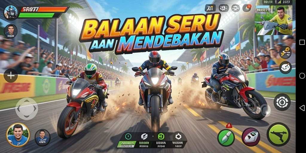 Screenshot gameplay yang menampilkan aksi balapan seru di SR877.